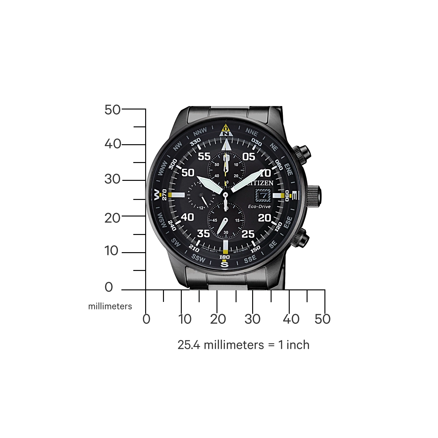 Black Citizen watch with compass and chronograph features, Eco-Drive technology.