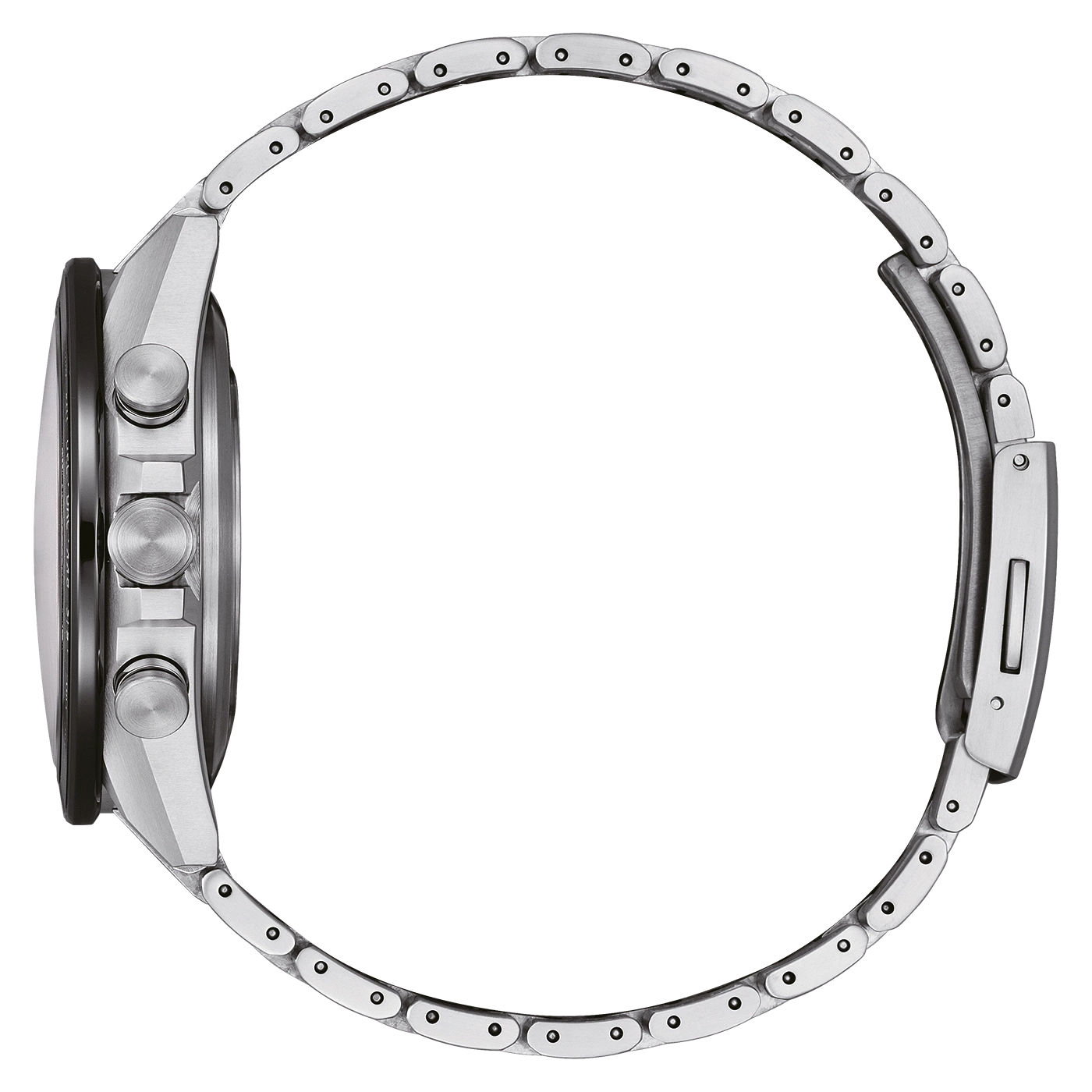 Side view of a silver watch with a metal band and chronograph buttons.