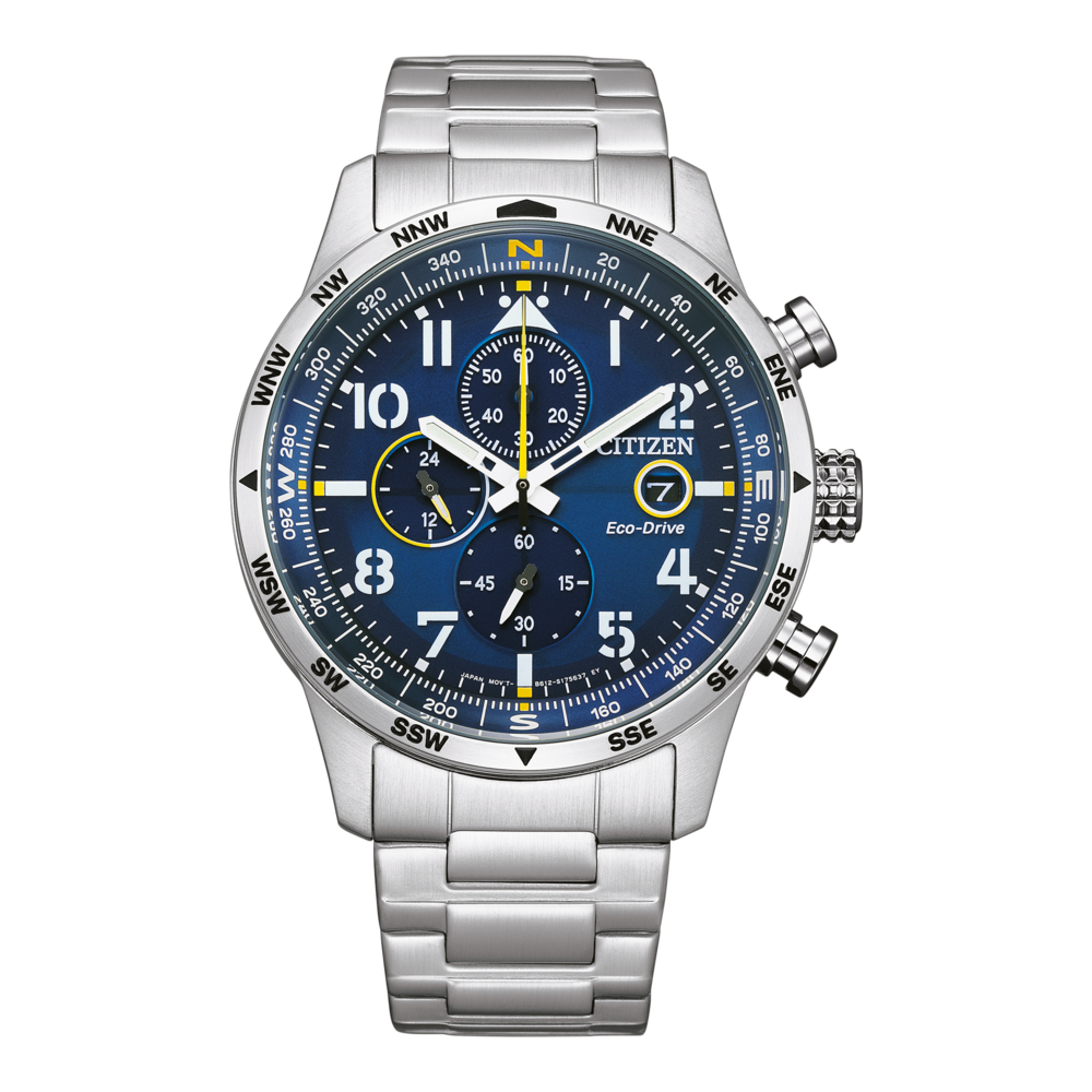 Citizen watch with compass, blue dial, and stainless steel band.