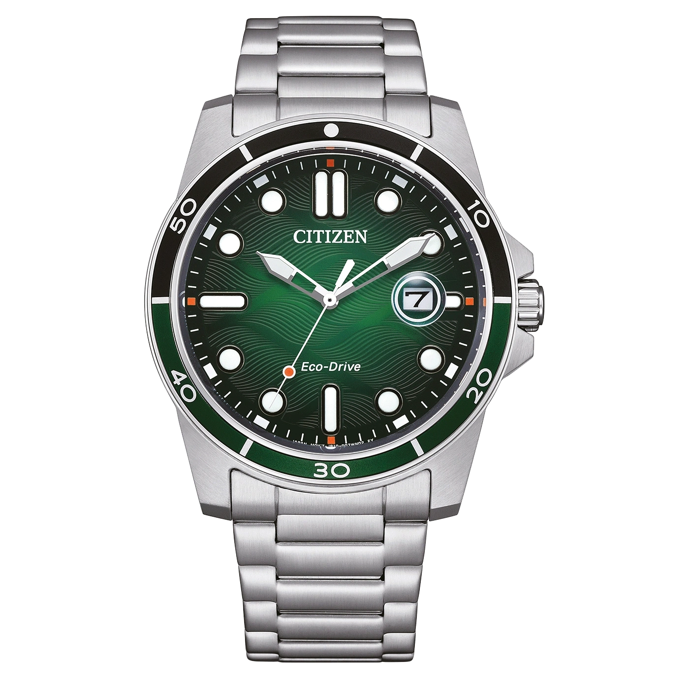 Citizen watch with green dial and silver bracelet, Eco-Drive technology.