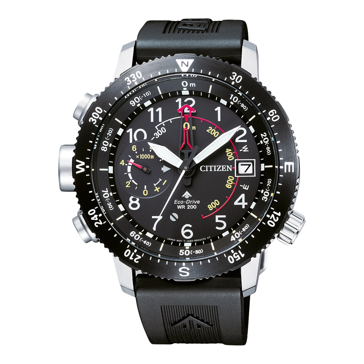 Black Citizen watch with compass, date, and depth gauge, perfect for diving.