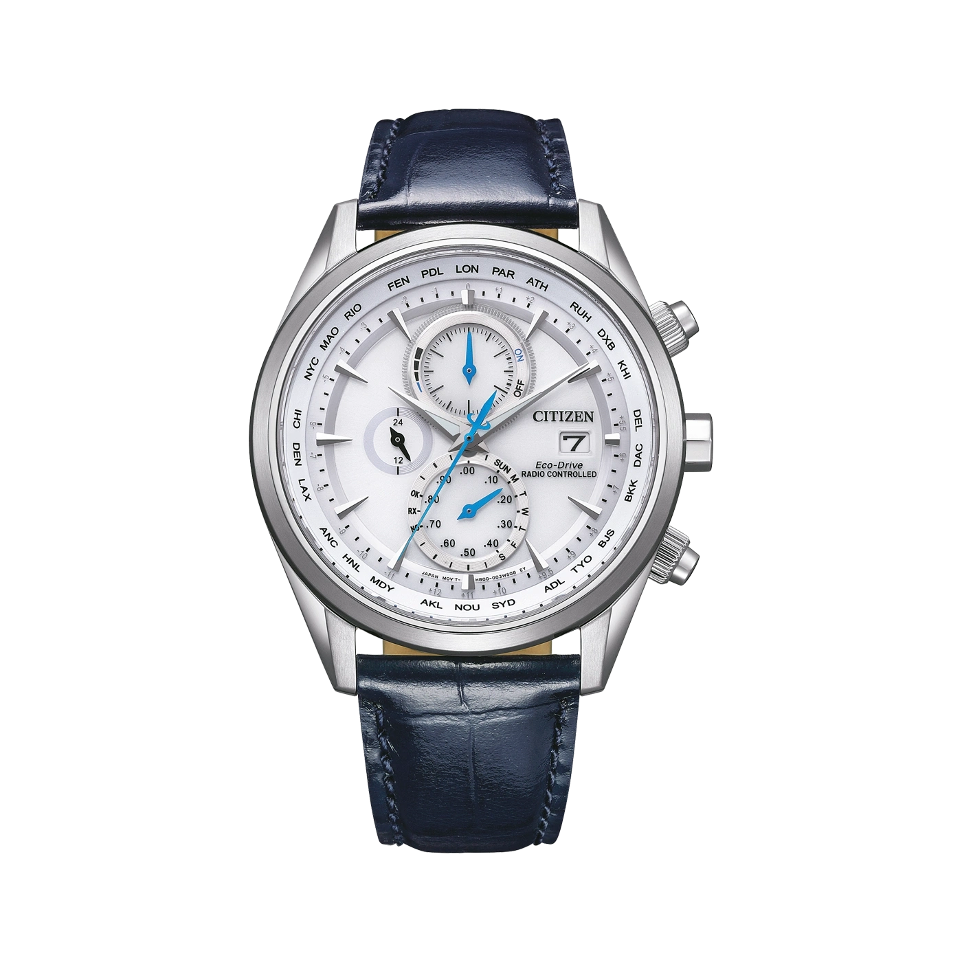 Citizen watch with white face, blue hands, and a blue leather strap. Eco-Drive.