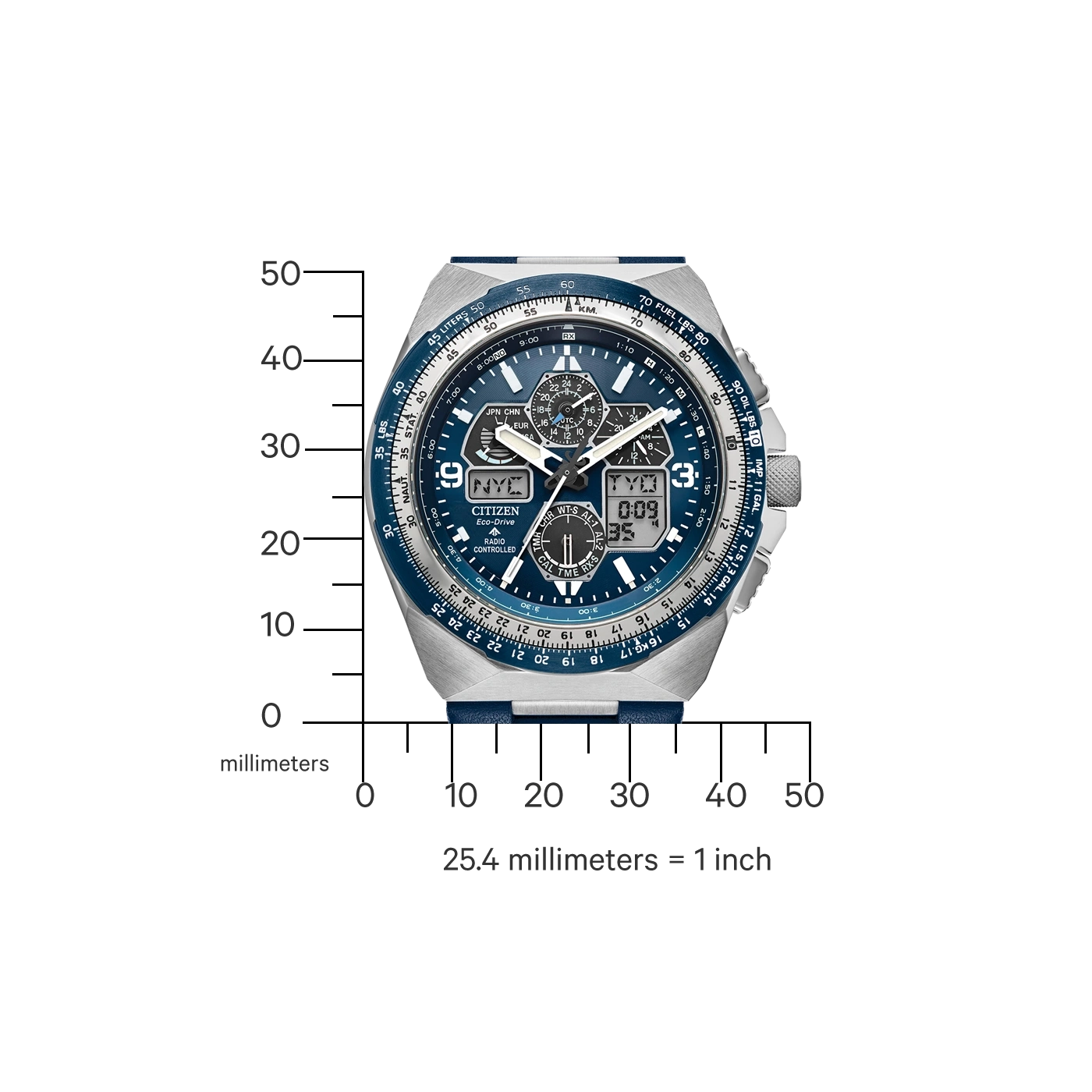 Citizen watch with blue face and silver casing, showing time and date.