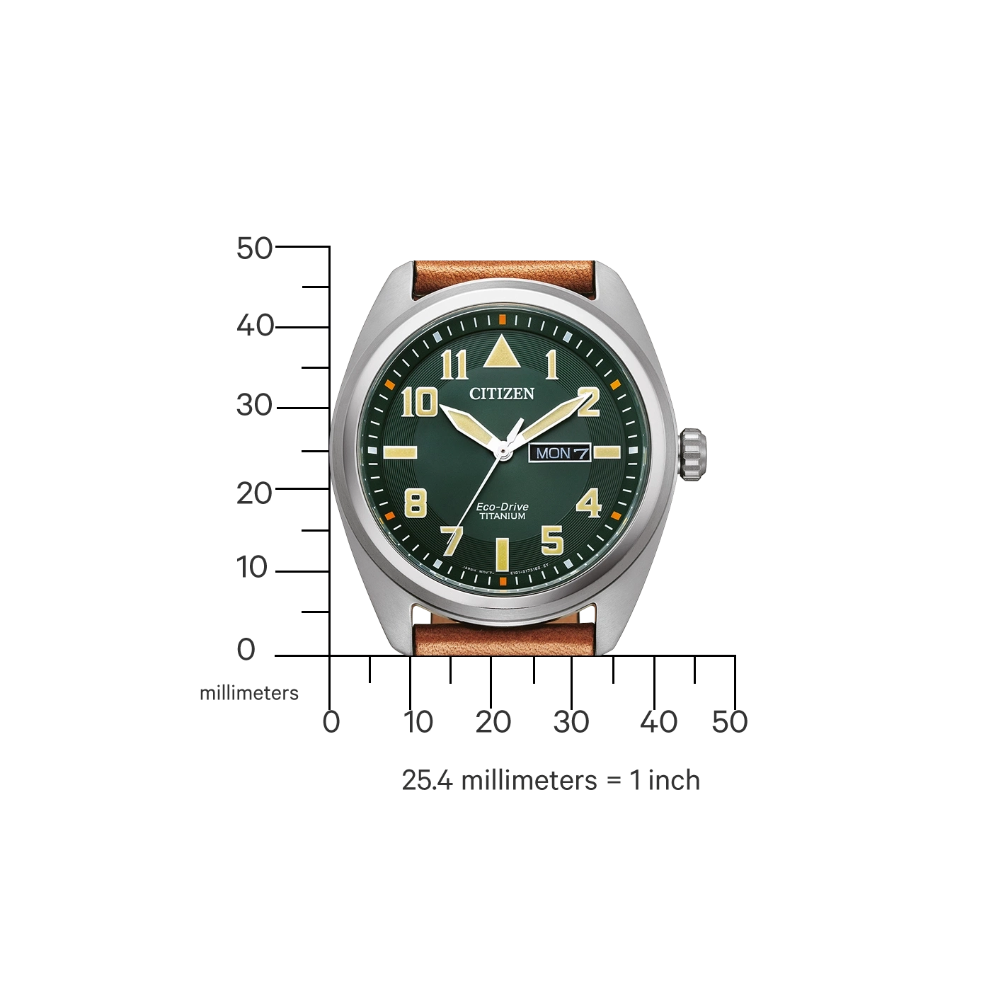 Citizen watch with green face, brown leather strap, and titanium case. Eco-Drive.