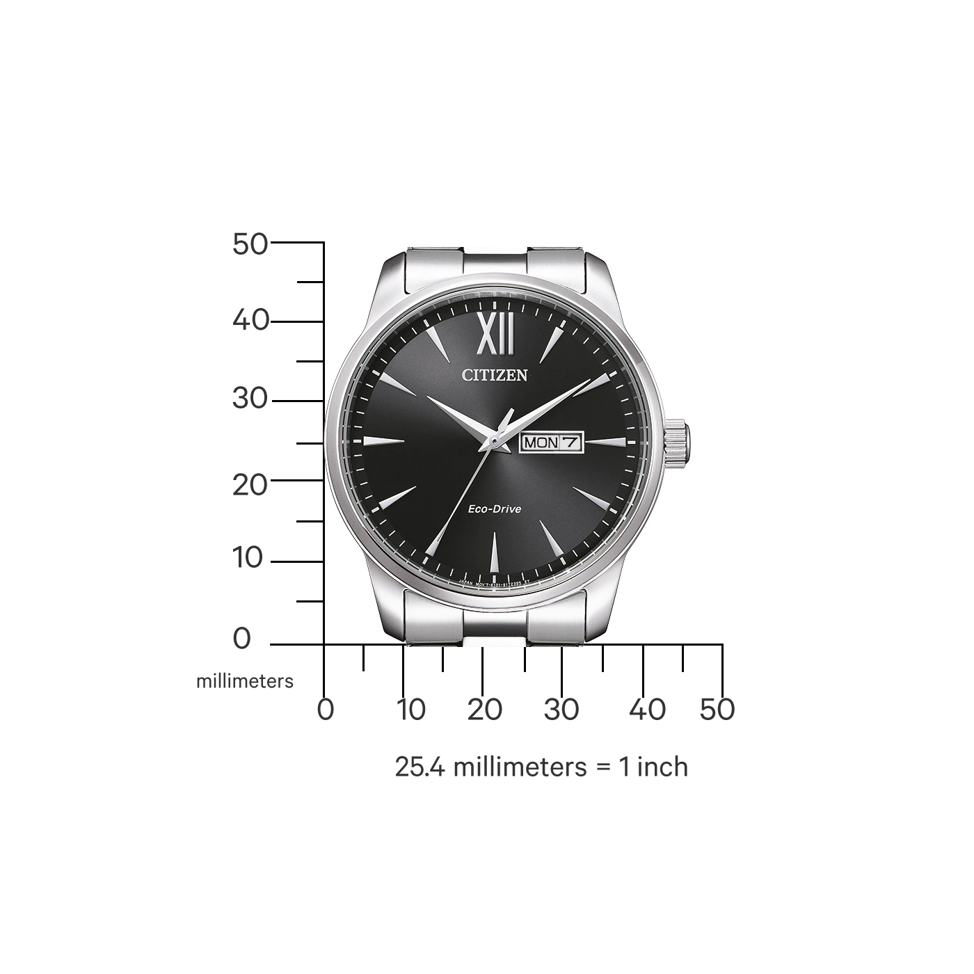 Citizen watch with black face, silver band, and day/date display.