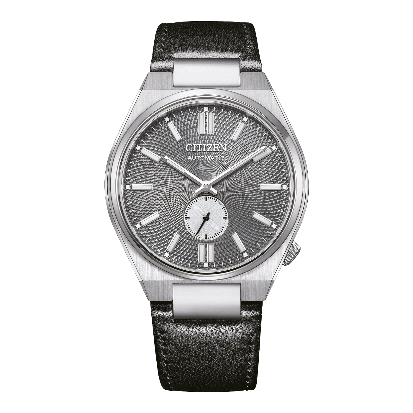 Citizen automatic watch with a grey dial and black leather strap.