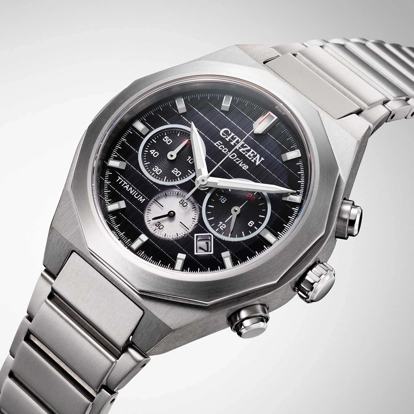 Citizen Eco-Drive watch with titanium case and black dial, chronograph.