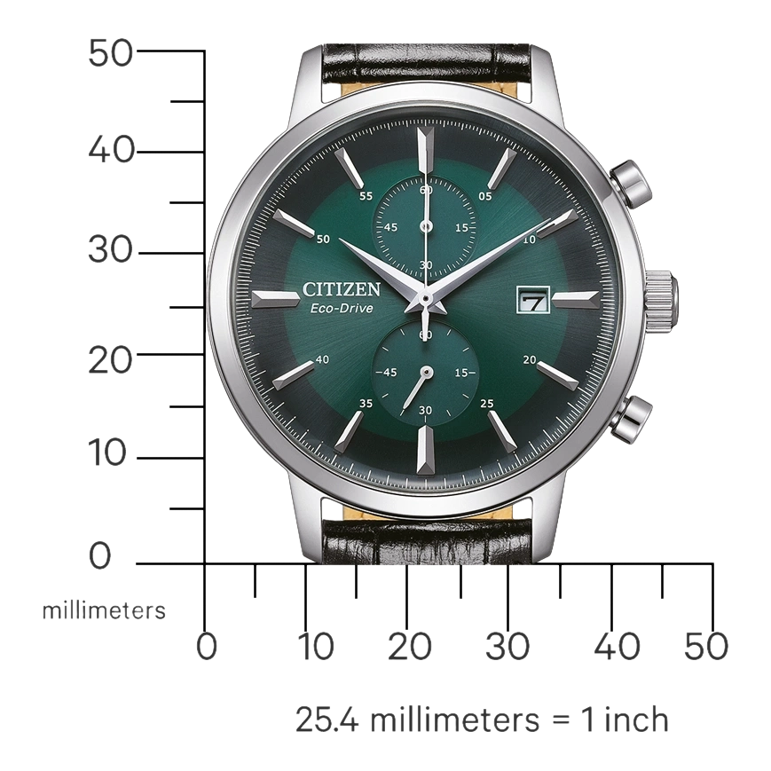 Citizen Eco-Drive watch with green face and black leather strap, silver case.