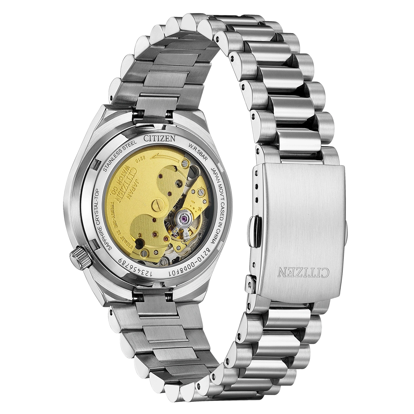 Citizen watch back with visible mechanism, stainless steel, and clasp detail.