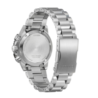 Back view of a stainless steel Citizen Eco-Drive watch with a metal band.