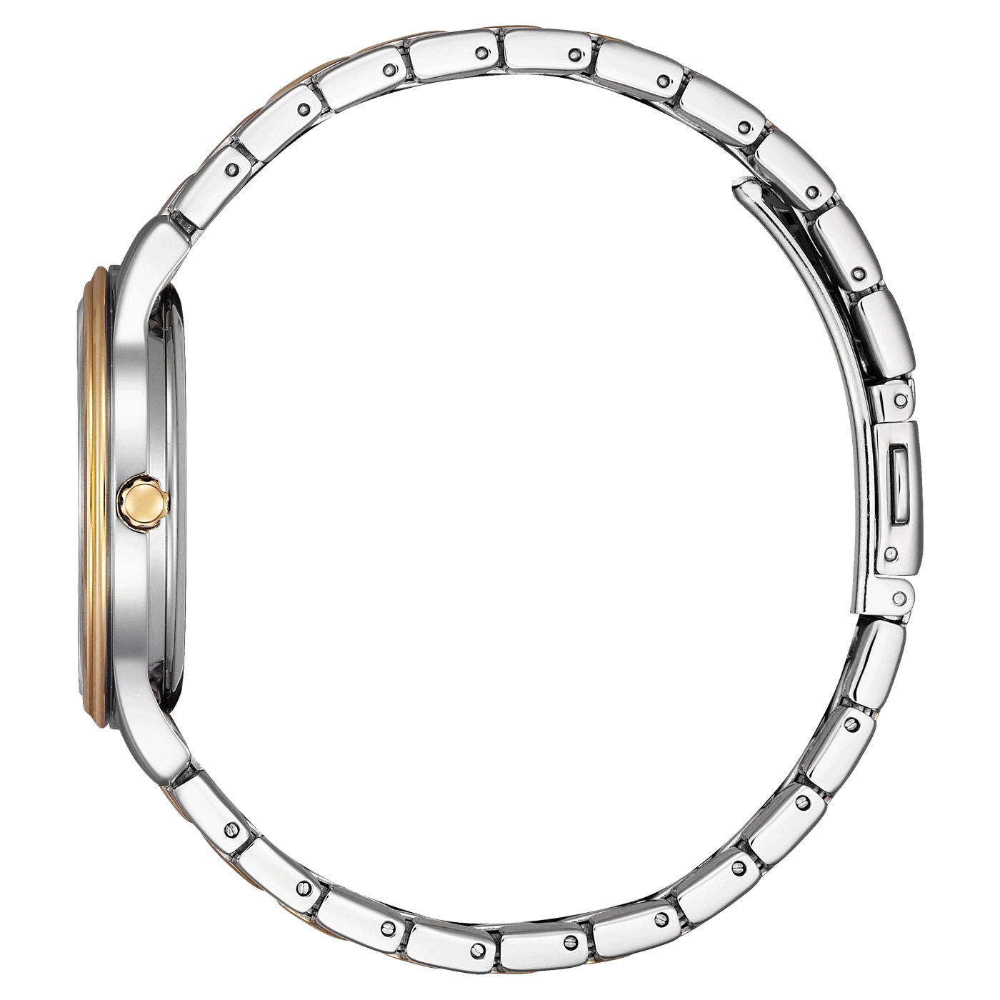 Side view of a silver and gold wristwatch with a metal band.