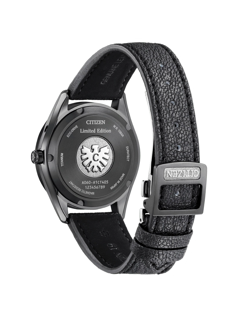 Citizen watch back, titanium, limited edition, leather strap, black, Japanese made