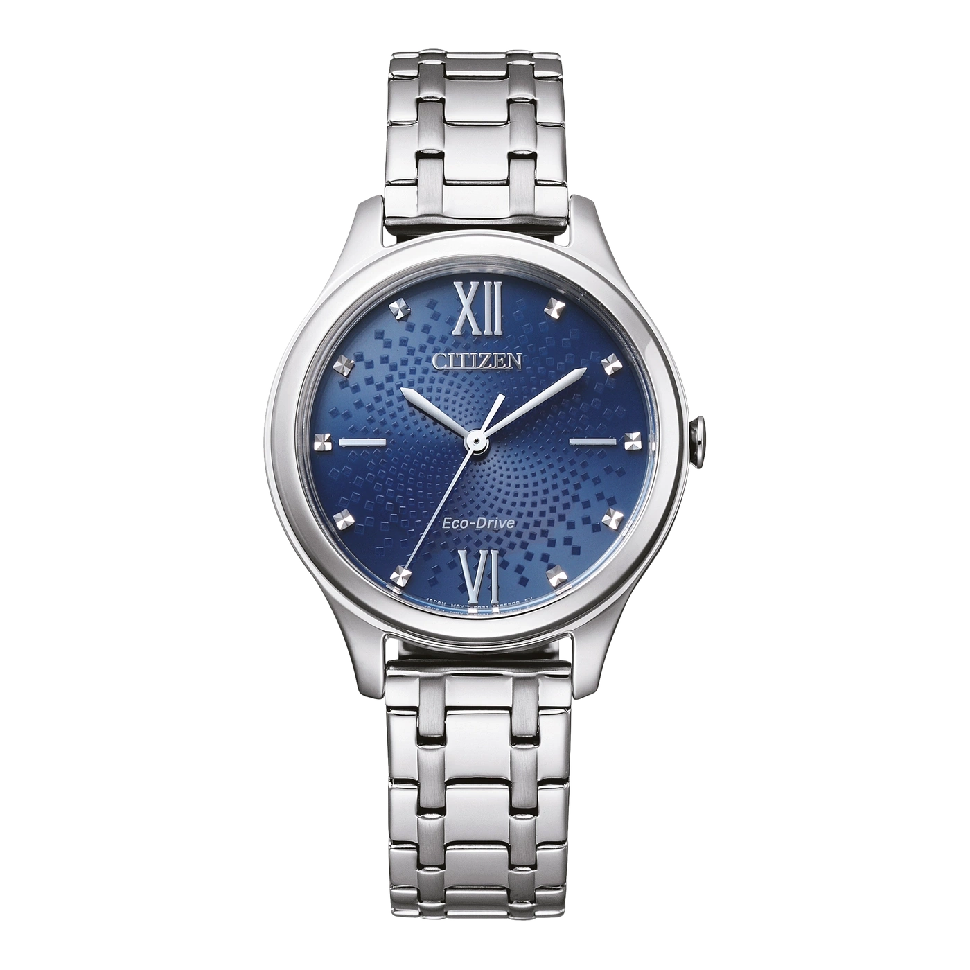 Citizen watch with a blue dial and silver bracelet, Eco-Drive technology.