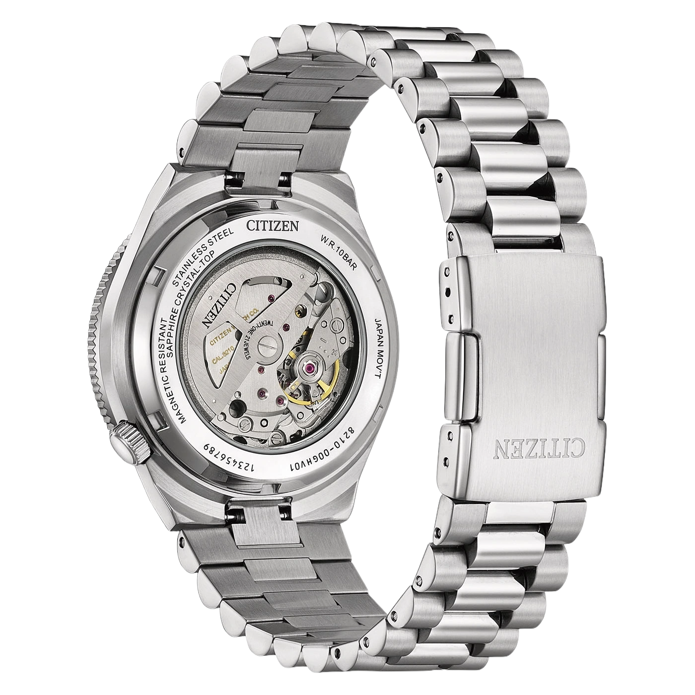 Back view of a stainless steel Citizen watch with an exhibition case back showing the movement.
