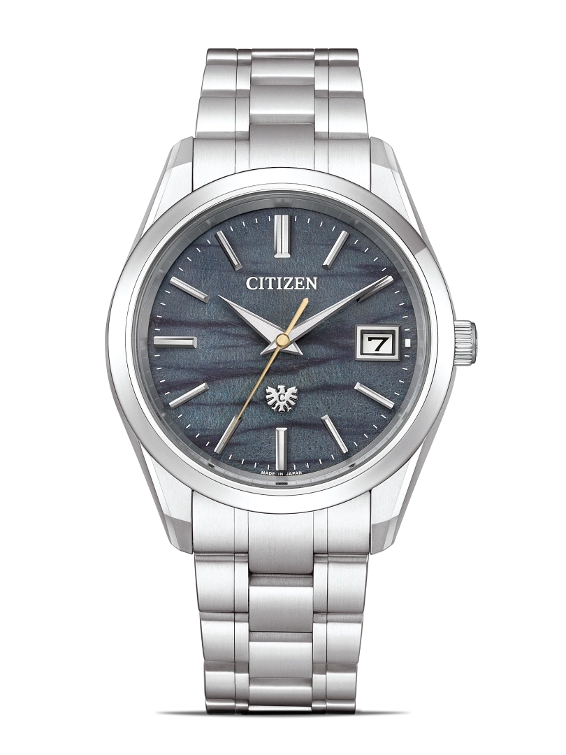 Citizen watch with a dark blue face and silver band, elegant design.