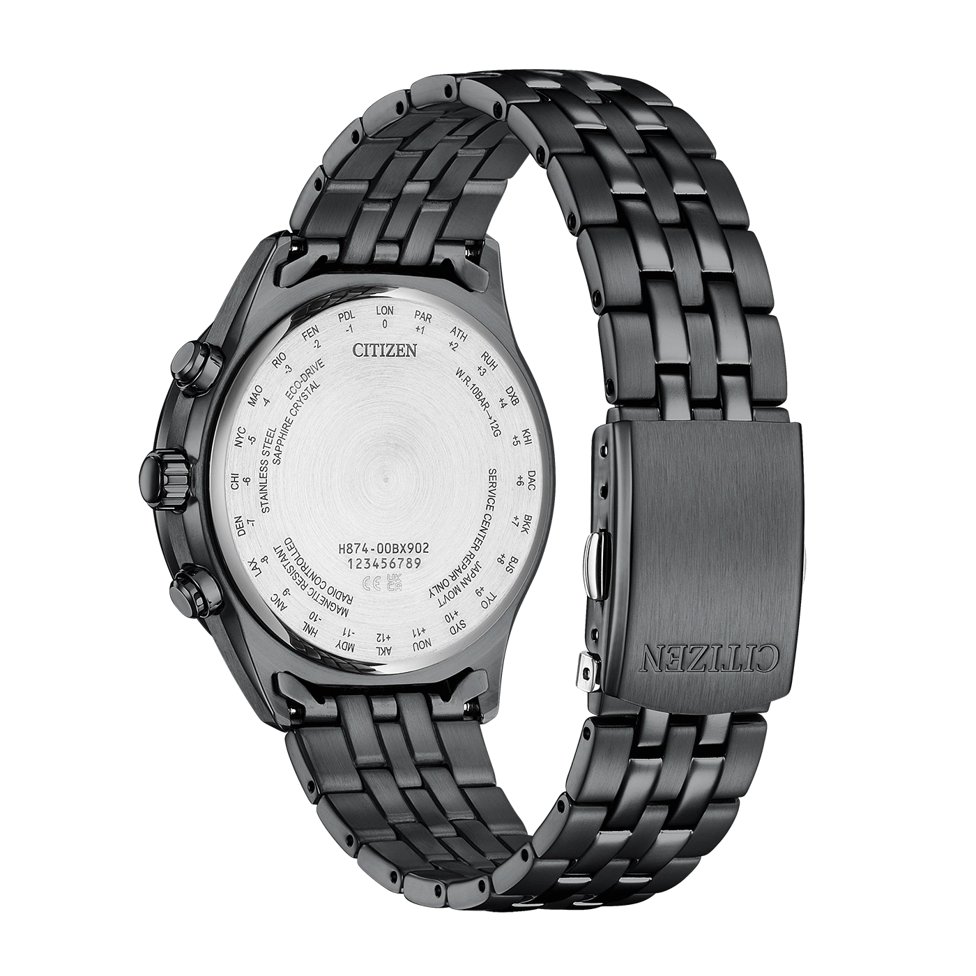 Black Citizen watch back with time zone markings and clasp detail.