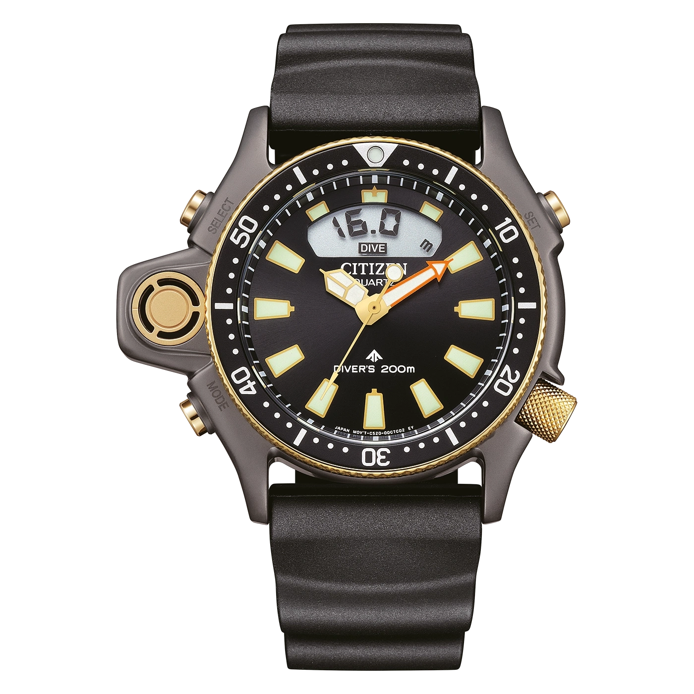 Black Citizen dive watch with gold accents and digital display.