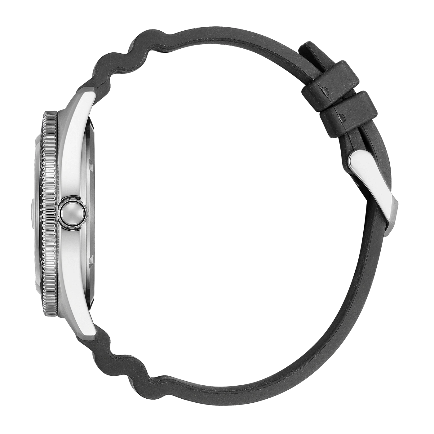 Side view of a silver watch with a black rubber strap