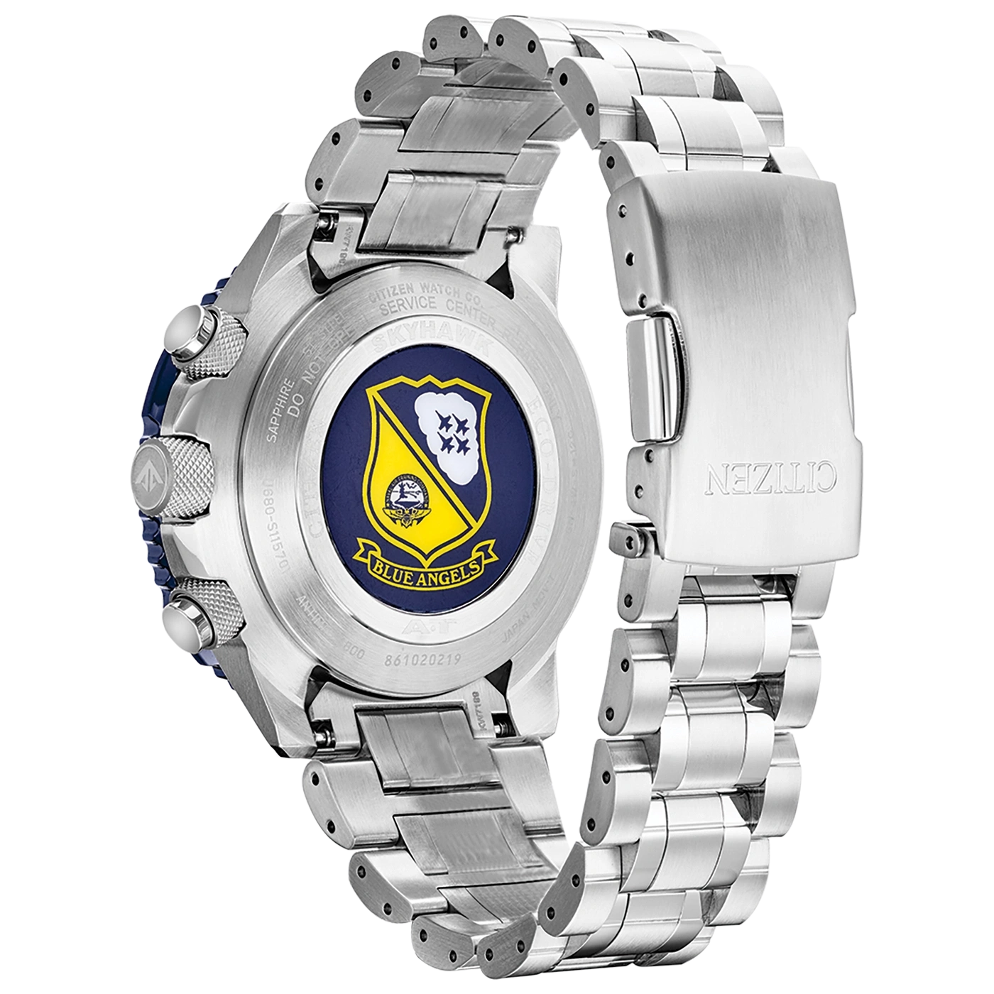Citizen watch back with Blue Angels logo and metal strap.