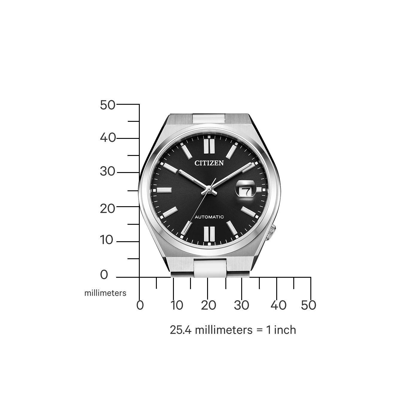 Citizen watch with black face, automatic, and silver band. Measurement scale included.