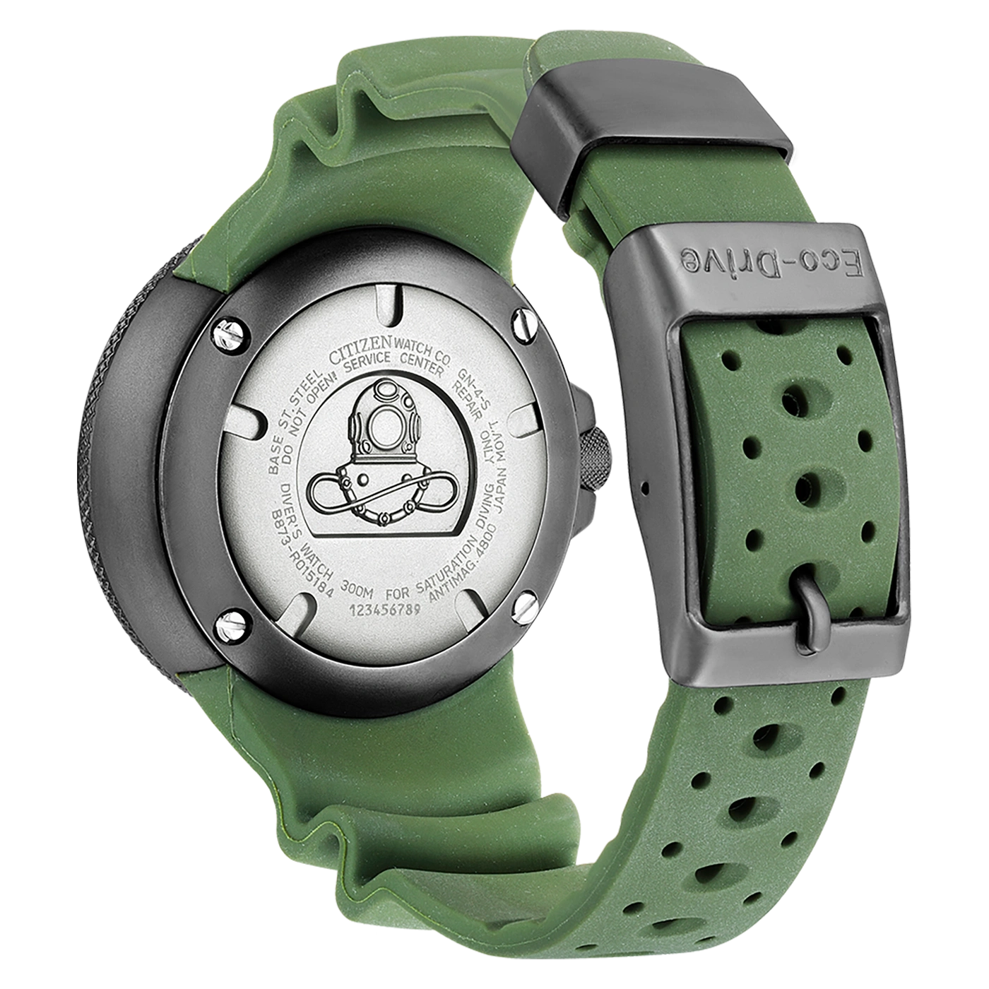Citizen watch back with green strap, Eco-Drive, diving details, and numbers.
