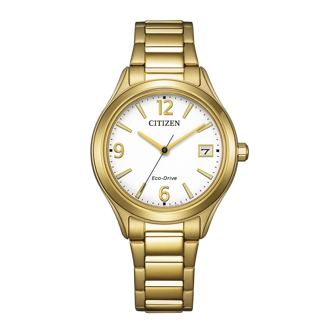 A gold Citizen Eco-Drive watch with a white face and date window.
