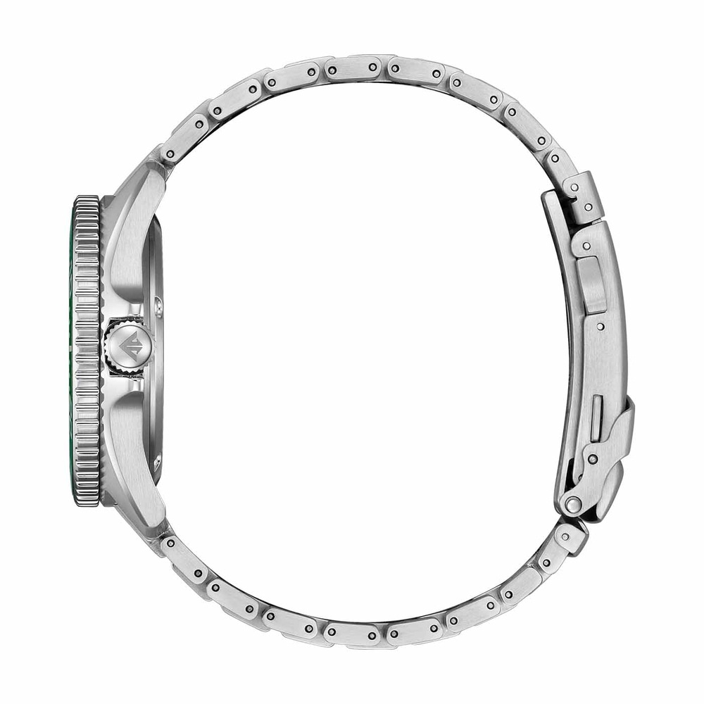 Side view of a silver watch with a green bezel and metal band.