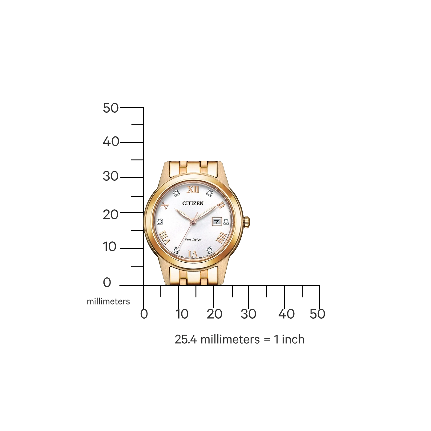 Gold Citizen watch with white face, Roman numerals, and date display, with scale.