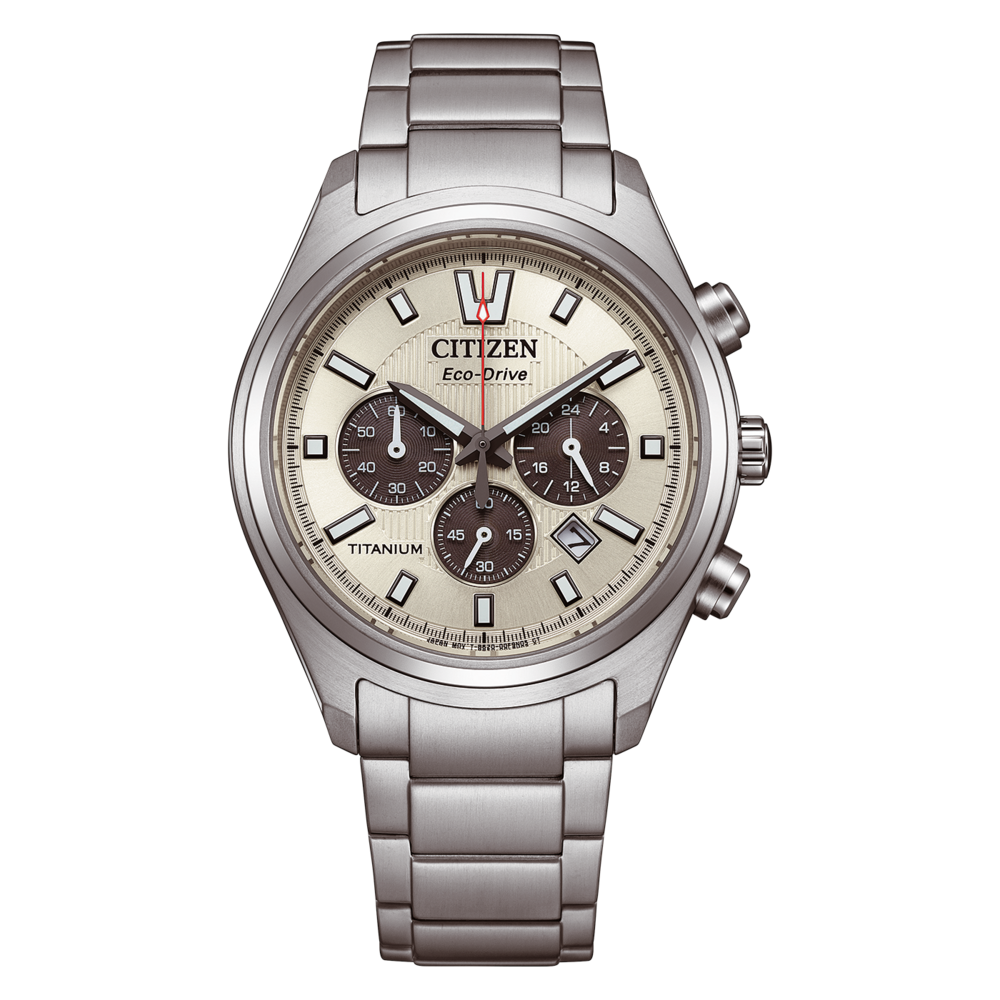 A Citizen Eco-Drive titanium chronograph watch with a champagne dial and silver band.