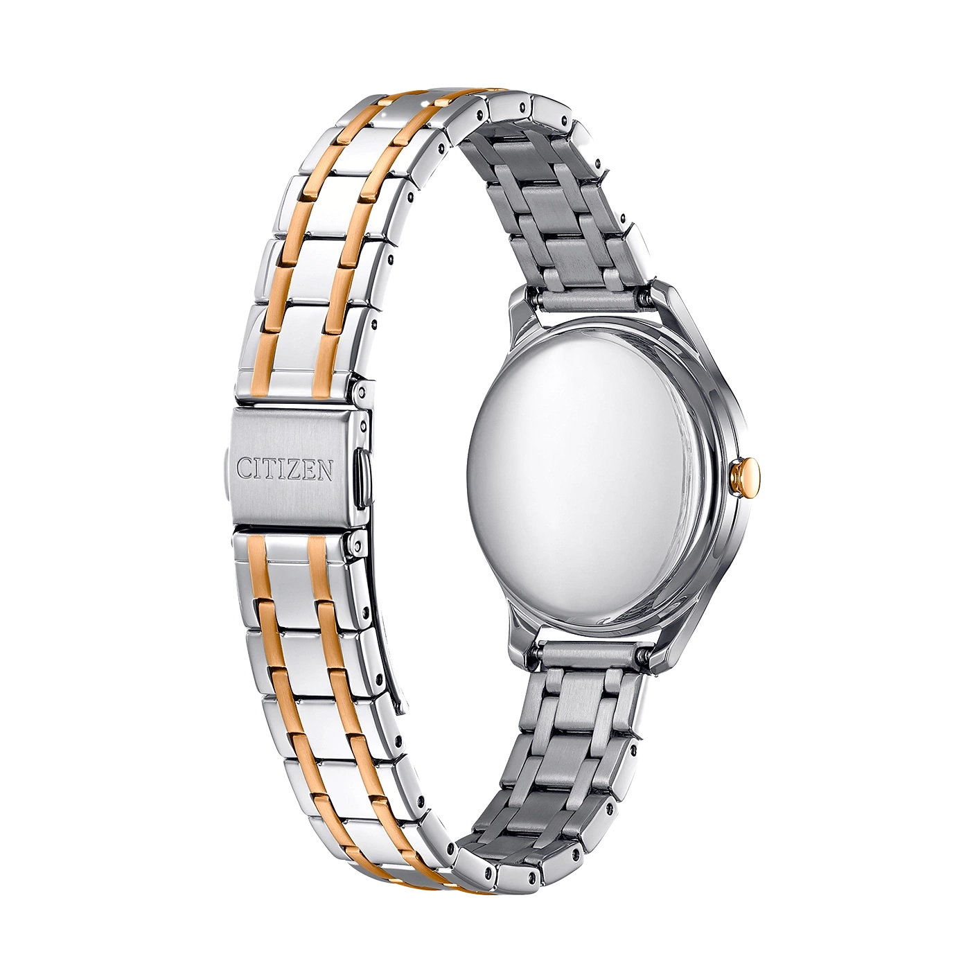 Citizen watch back, silver and gold bracelet, close-up, elegant design, luxury