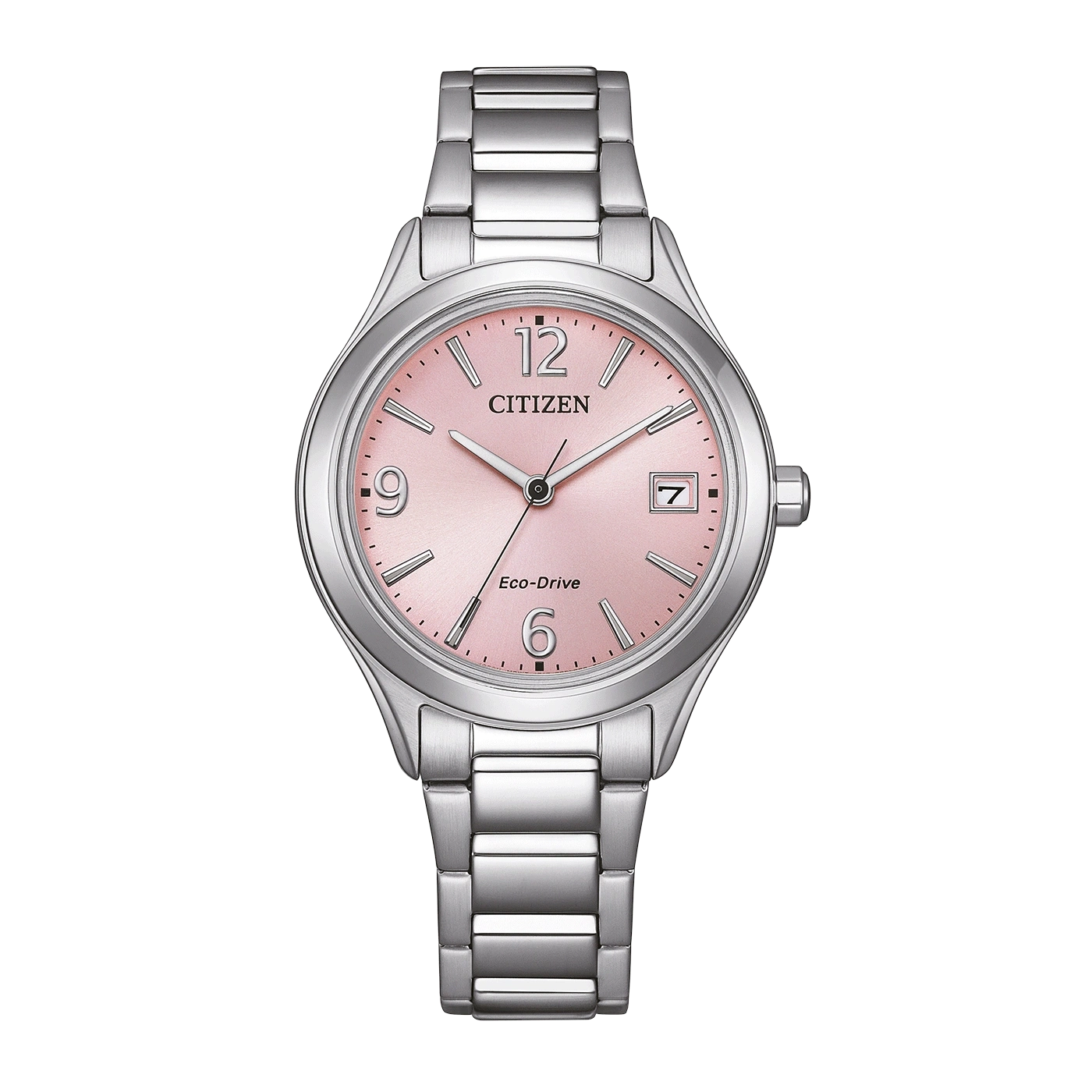 A silver Citizen Eco-Drive watch with a pink dial and date window.