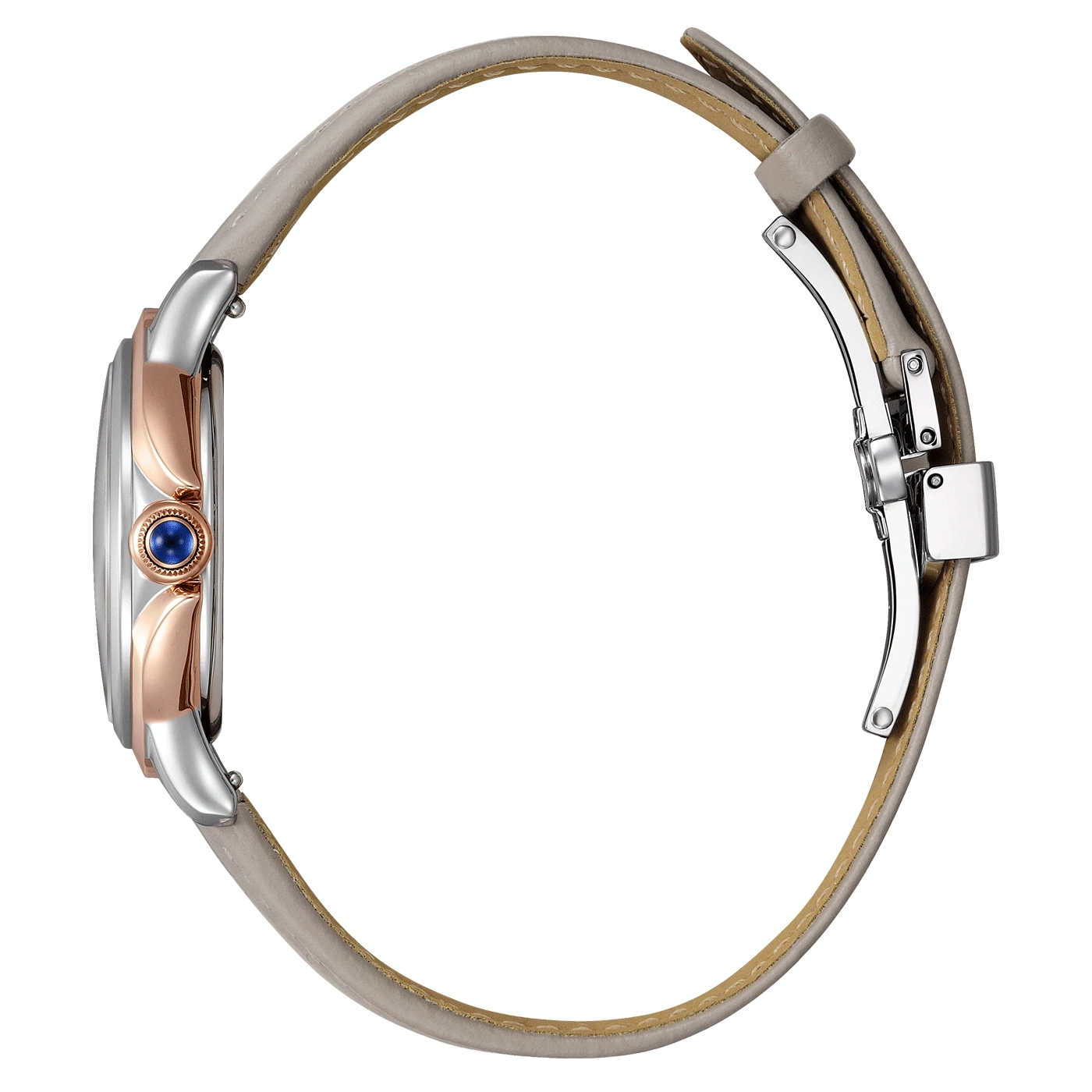 Side view of a silver and rose gold watch with a grey leather strap.
