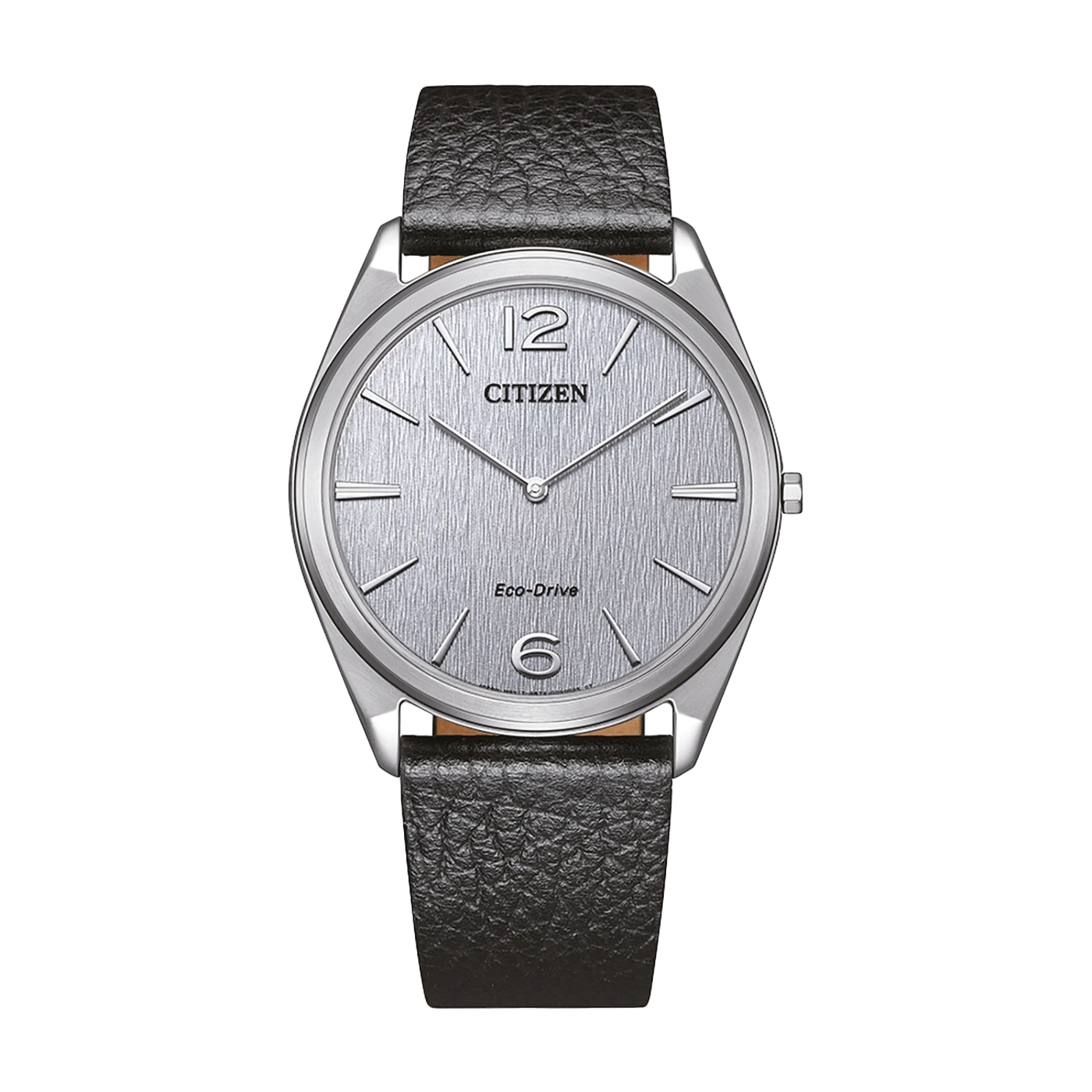 Citizen watch with silver face and black leather strap on green background