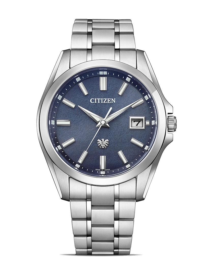 Citizen watch with a blue face and silver band, elegant design.