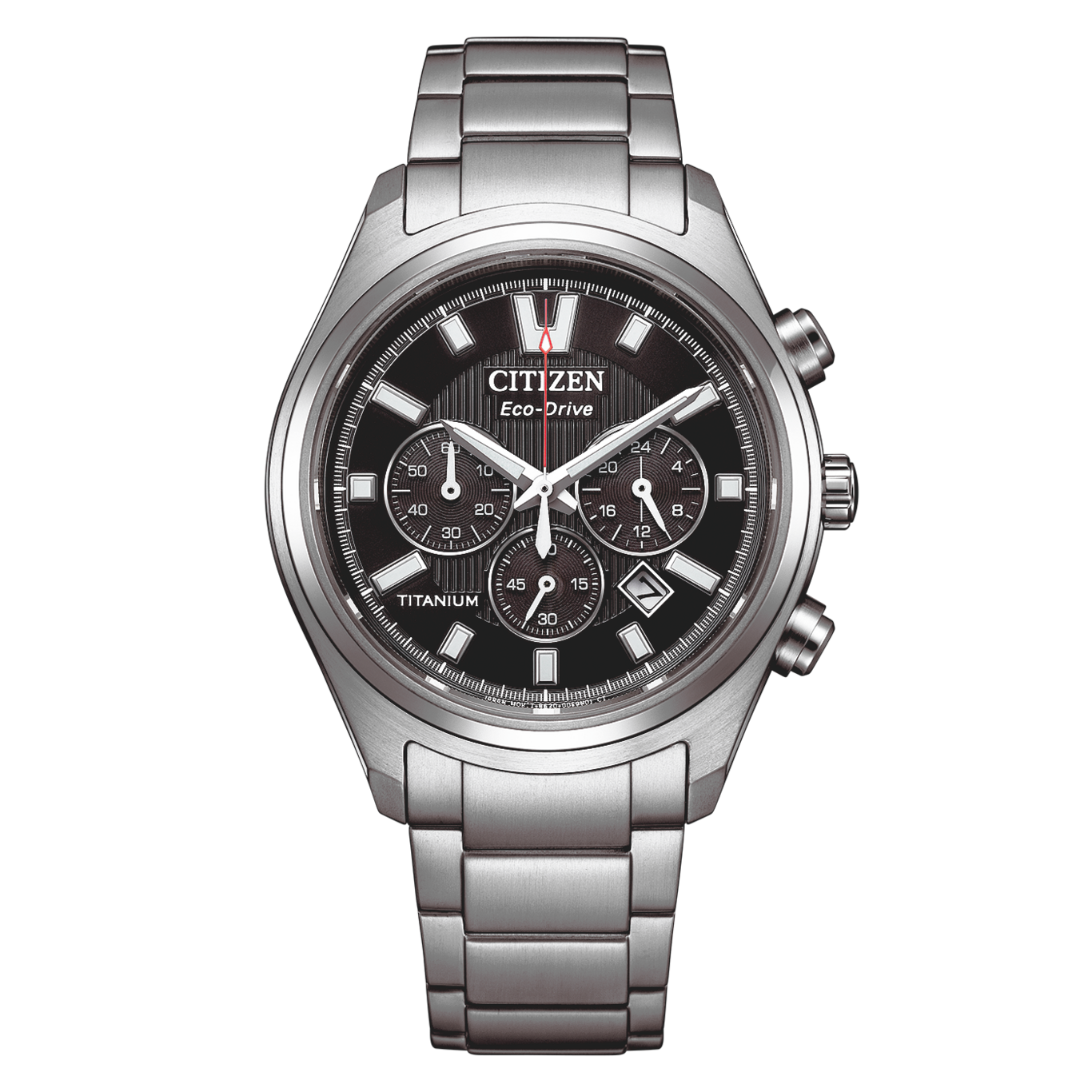 A titanium Citizen Eco-Drive chronograph watch with a black dial.