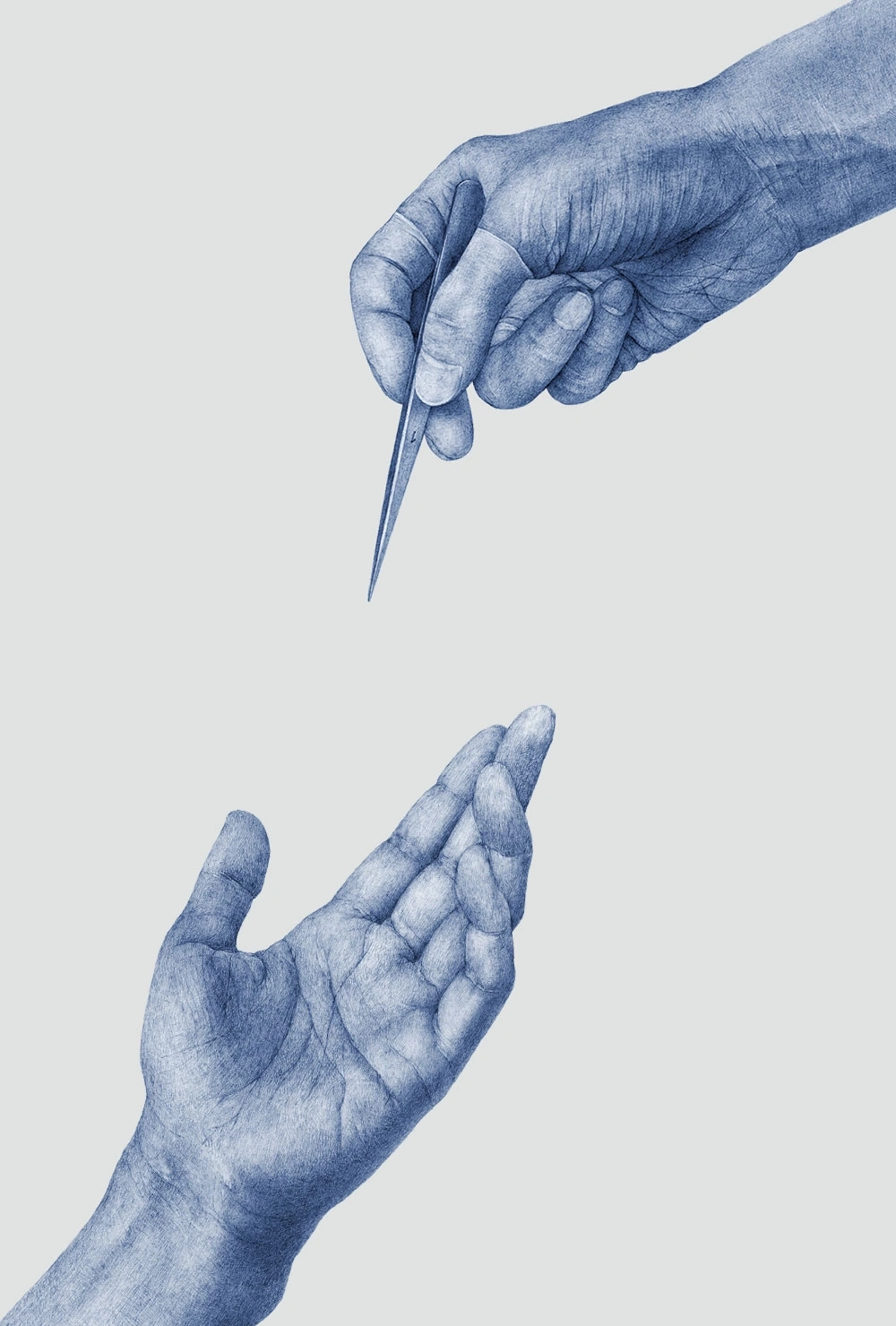 Hands with tweezers, offering or receiving, blue drawing on gray background