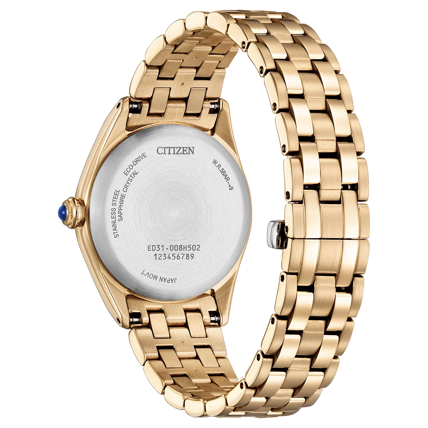 Citizen watch, gold, stainless steel, sapphire crystal, Eco-Drive, W.R.5BAR-9, Japan Mov't