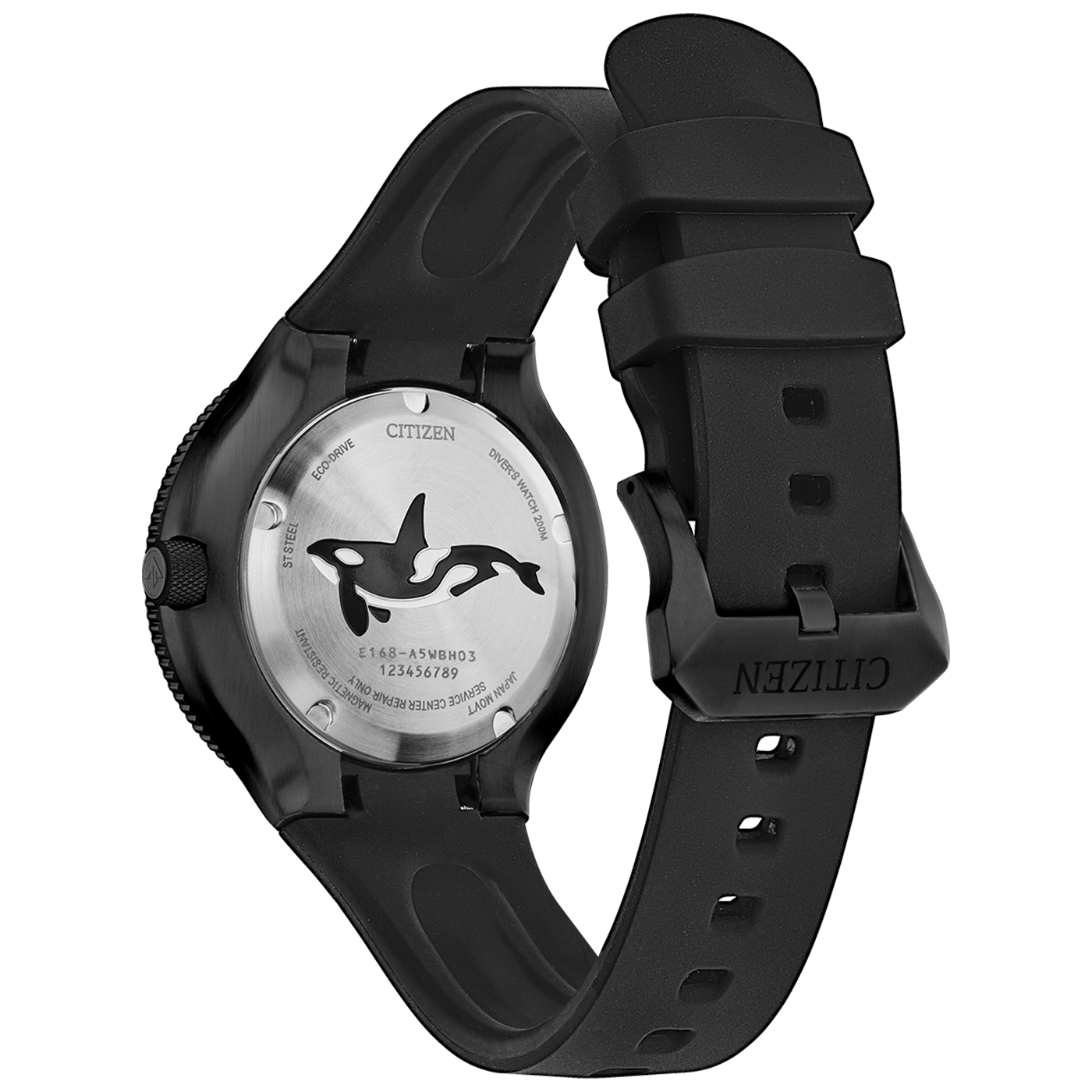 Citizen watch with black strap and orca design on the back.