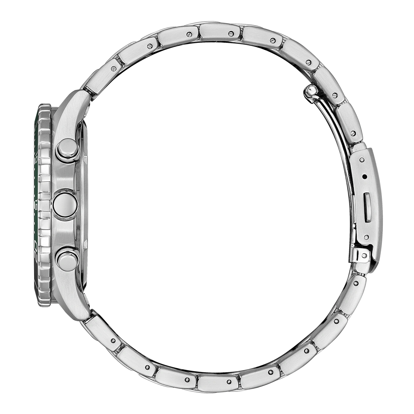 Silver watch with a green bezel and a metal strap, side view.