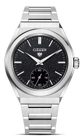 Citizen watch with a black dial and silver bracelet, elegant design.
