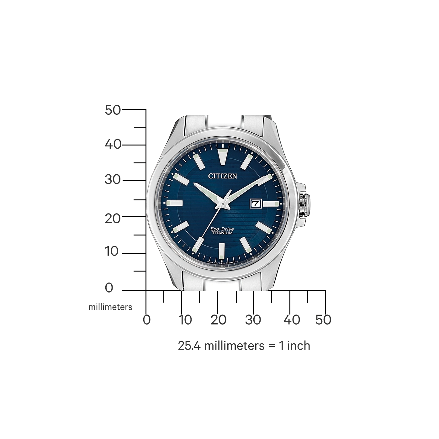 Citizen watch with blue face, titanium, Eco-Drive, and date display.