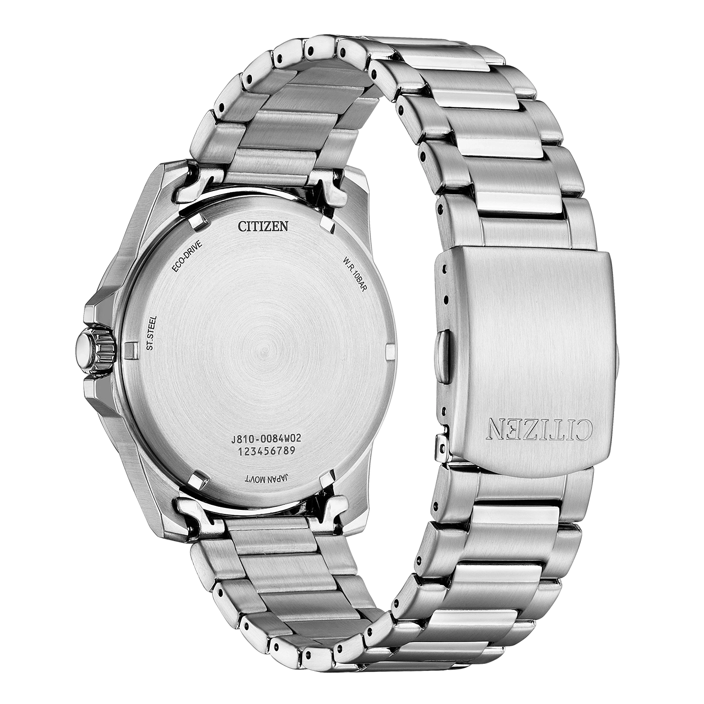 Citizen watch back, stainless steel, Eco-Drive, W.R. 10BAR, Japan Movt.
