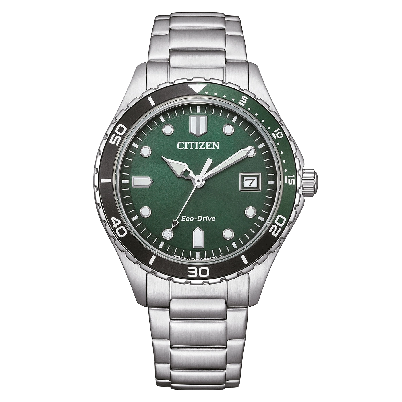 Citizen watch with green dial and silver bracelet, Eco-Drive technology.