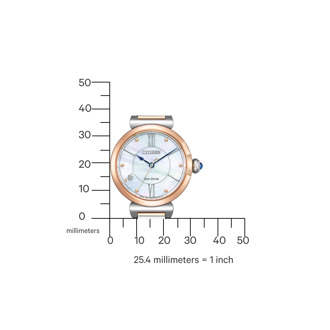 Citizen watch with a white face and rose gold accents, Eco-Drive.