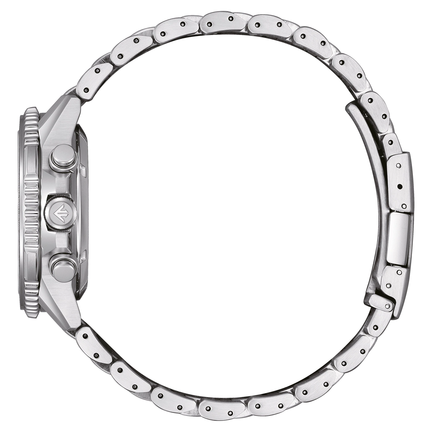 Side view of a silver wristwatch with a metal band, close-up shot.
