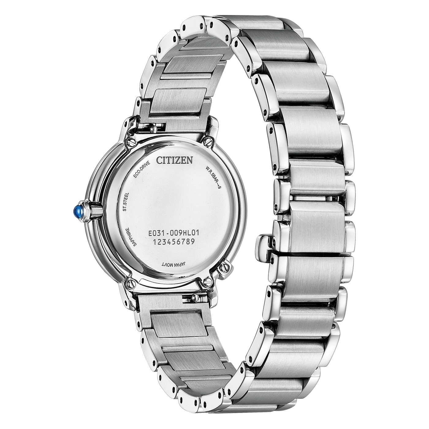 Citizen watch back, stainless steel, Eco-Drive, sapphire crystal, elegant design, modern style.