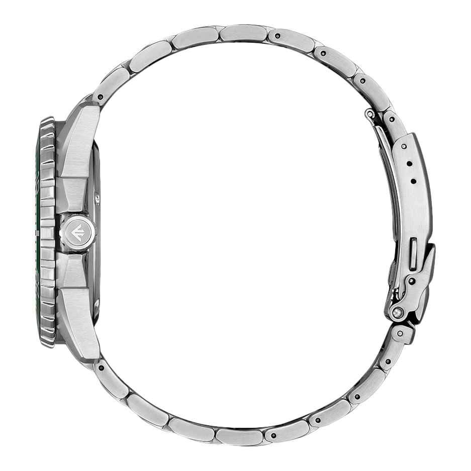 Side view of a silver watch with a green bezel and metal band.