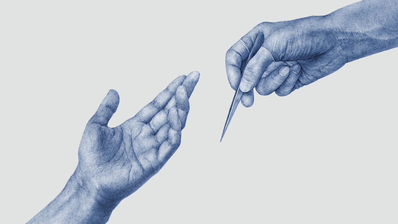 Two hands reaching, one holding tweezers, artistic blue drawing on gray background