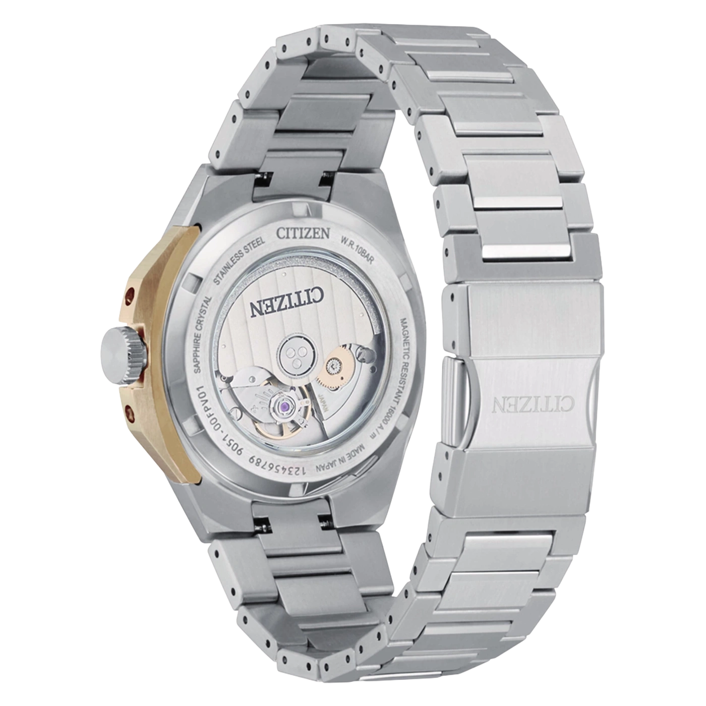 Back of a Citizen watch with visible movement and metal band.