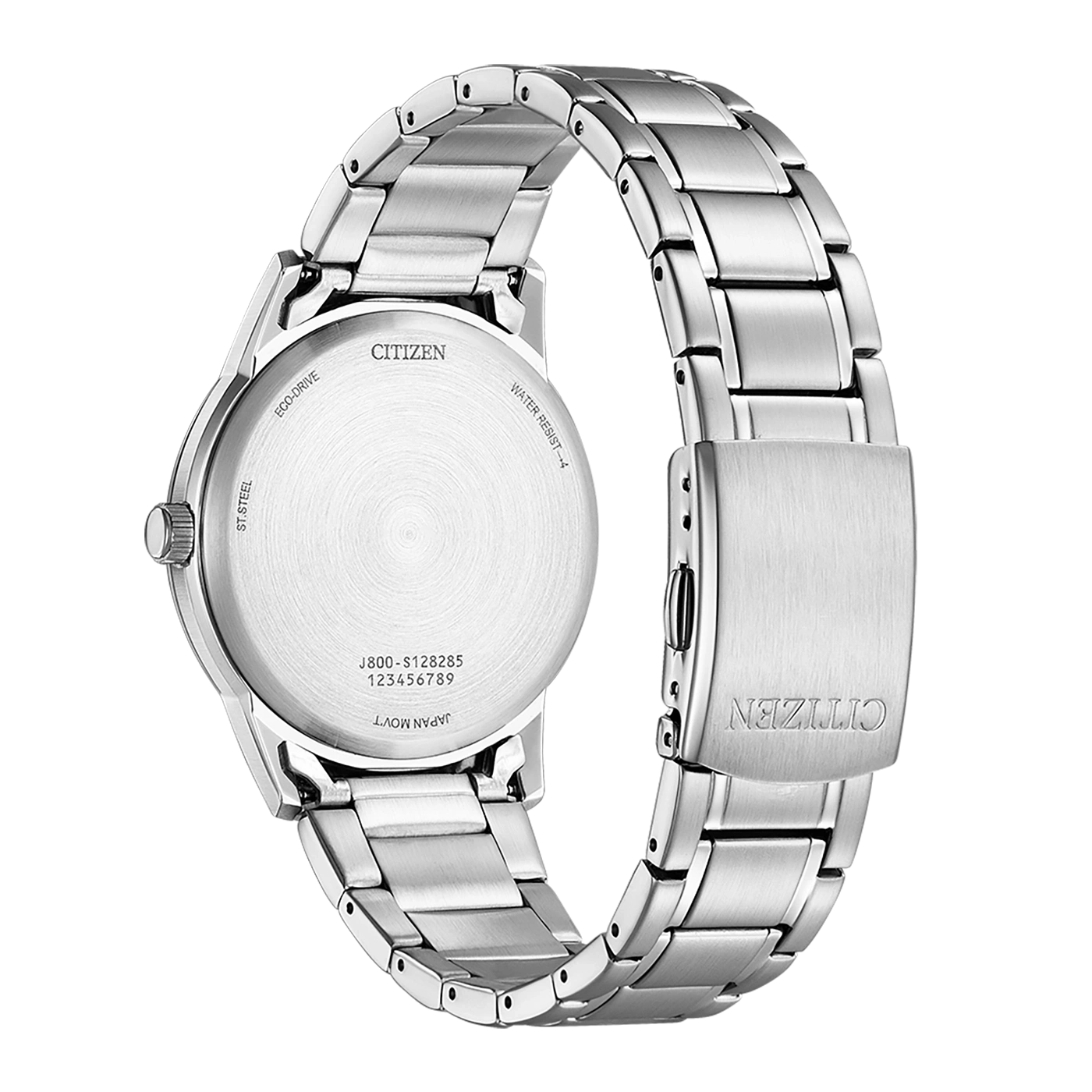 Citizen watch back, stainless steel, Eco-Drive, water resistant, Japan movement.